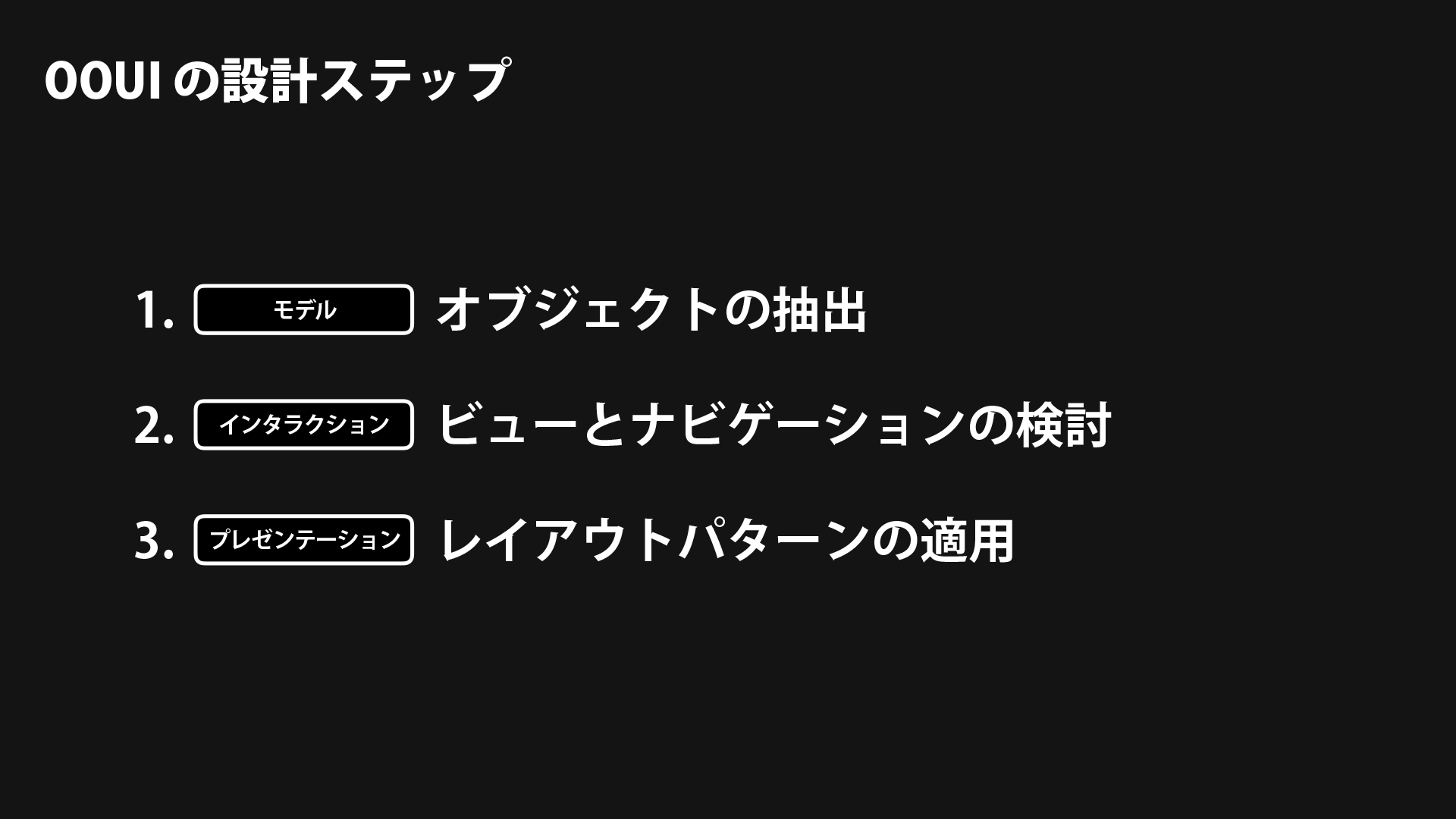 OOUI の設計ステップ: 1. モデル・オブジェクトの抽出、2. インタラクション・ビューとナビゲーションの検討、3. プレゼンテーション・レイアウトパターンの適用。