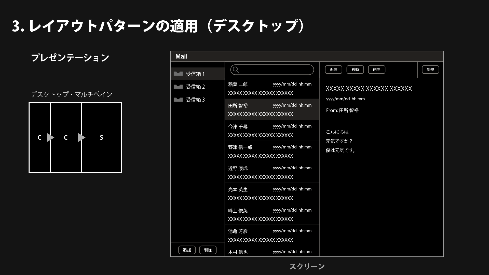 3. レイアウトパターンの適用（デスクトップ）: メールボックス一覧、メッセージ一覧、メッセージ詳細、の3ペインレイアウト。