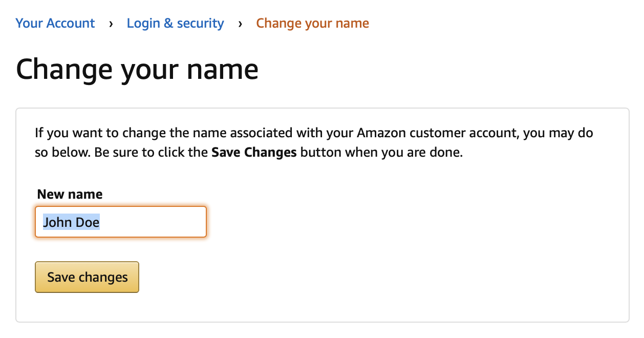 Amazon のアカウント設定画面で名前を変更している場面のキャプチャ