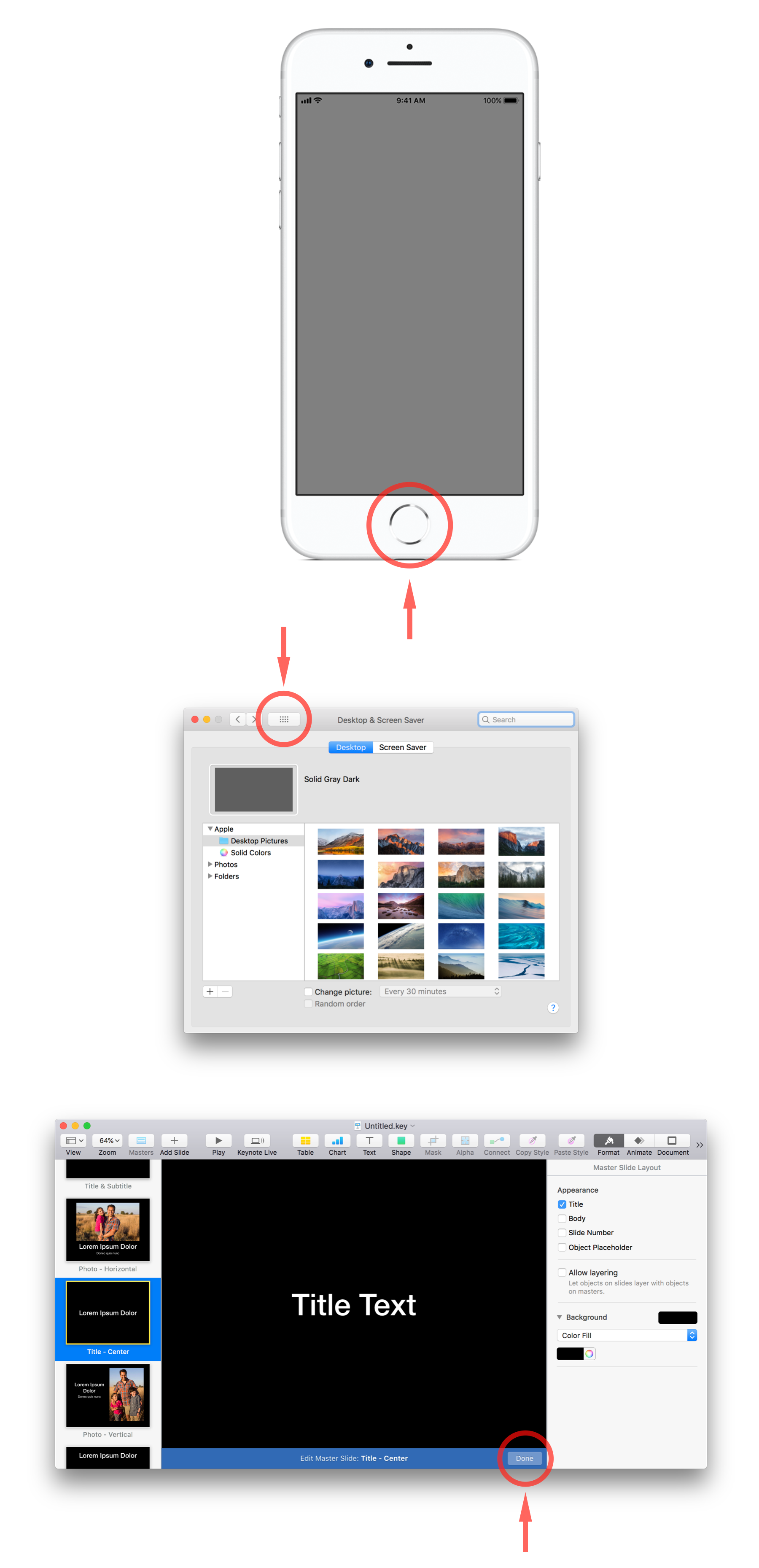iPhone のホームボタン、Mac システム環境設定の「すべて見る」ボタン、Keynote のマスター編集モード完了ボタンのキャプチャ