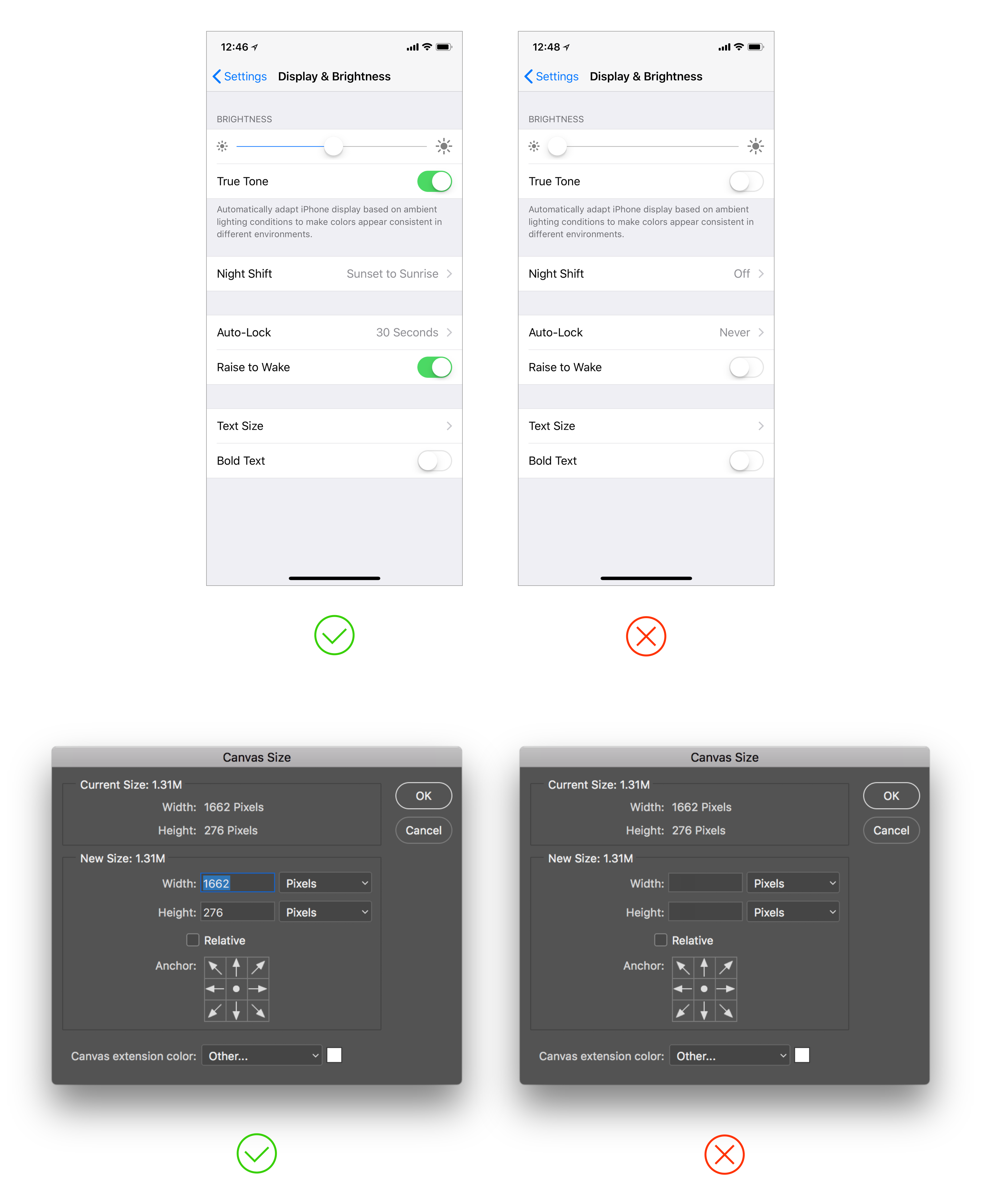 iOS のディスプレイと明るさの設定画面や、Photoshop のカンバスサイズのダイアログで、適切なデフォルト値がセットされている様子のキャプチャ