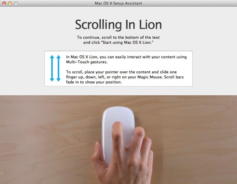Mac で OS インストール後に表示されるスクロール方法についてのインストラクションのキャプチャ
