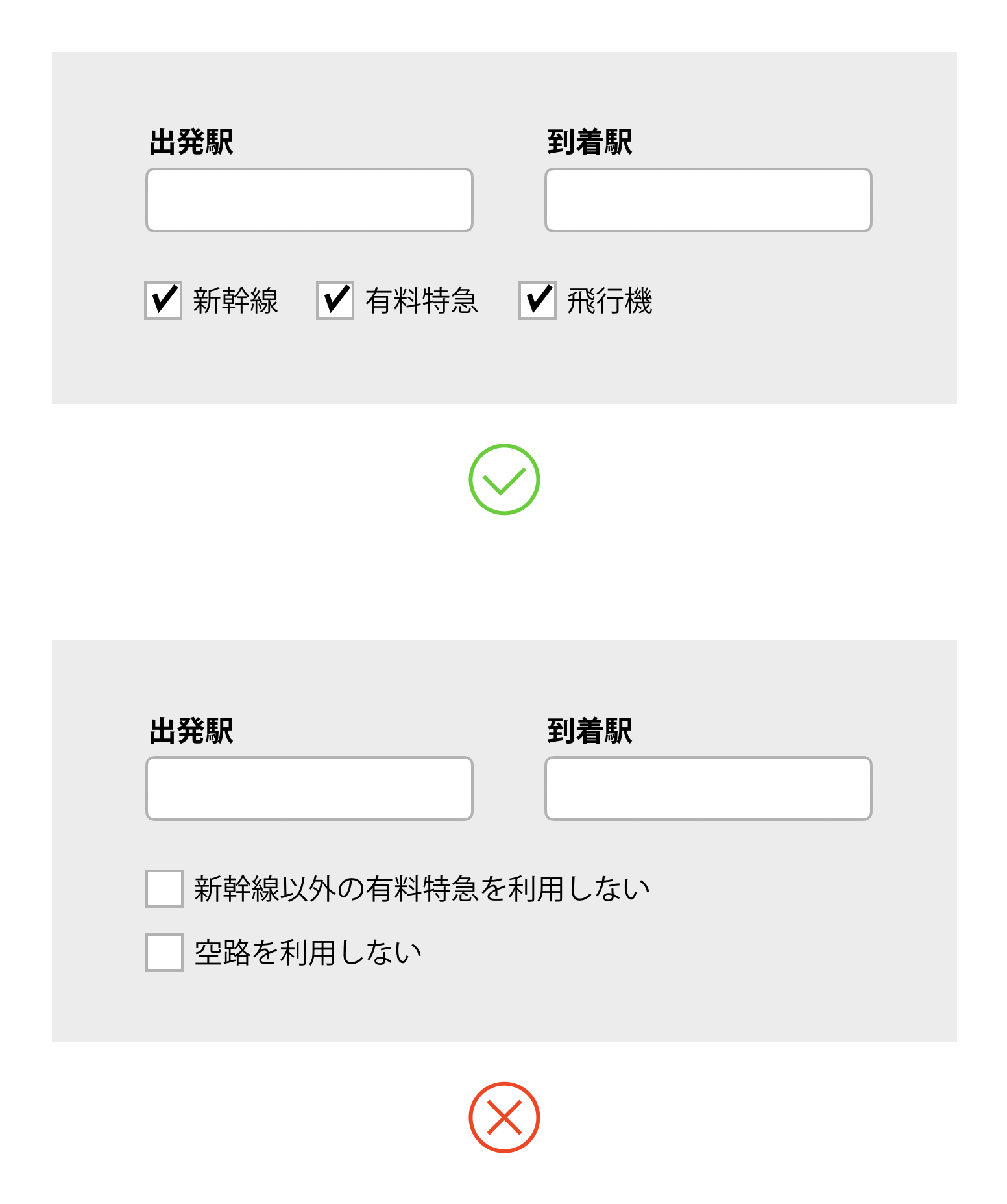 出発駅と到着駅を入力するフォームで、オプションとして「新幹線」「有料特急」「飛行機」というチェックボックスが並んでいる画面と、「新幹線以外の有料特急を利用しない」「空路を利用しない」というチェックボックスが並んだ画面の対比