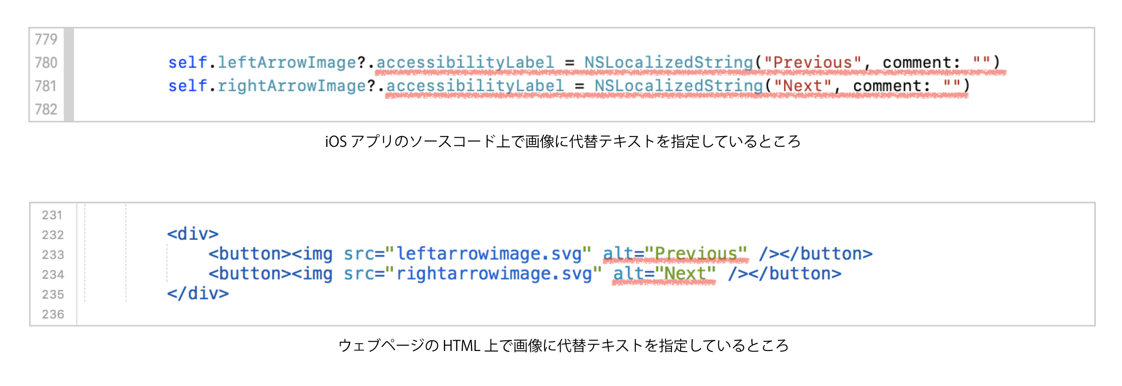 iOS アプリのソースコード上で画像に代替テキストを指定しているところと、ウェブページの HTML 上で画像に代替テキストを指定しているところの図